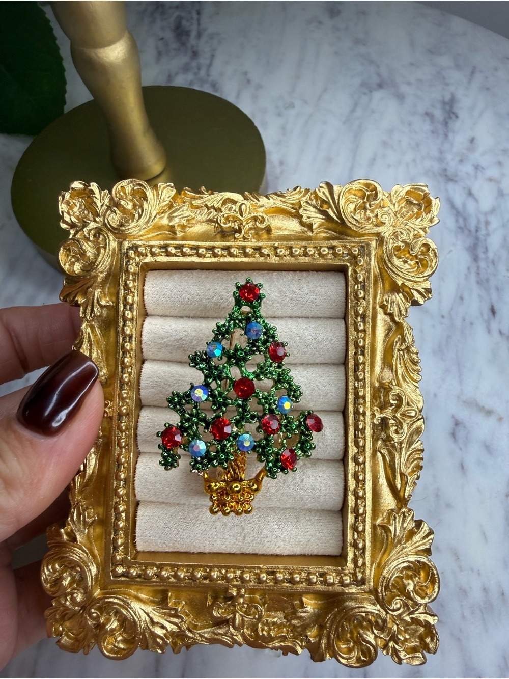 Festive Green and Red Crystal Christmas Tree Brooch Pin